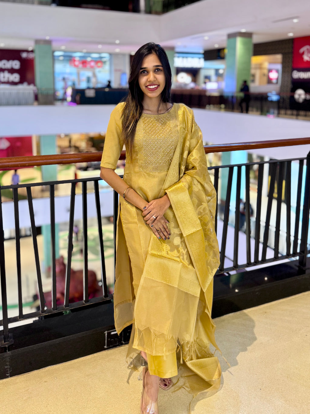 Golden tissue fully stitched salwar suit set