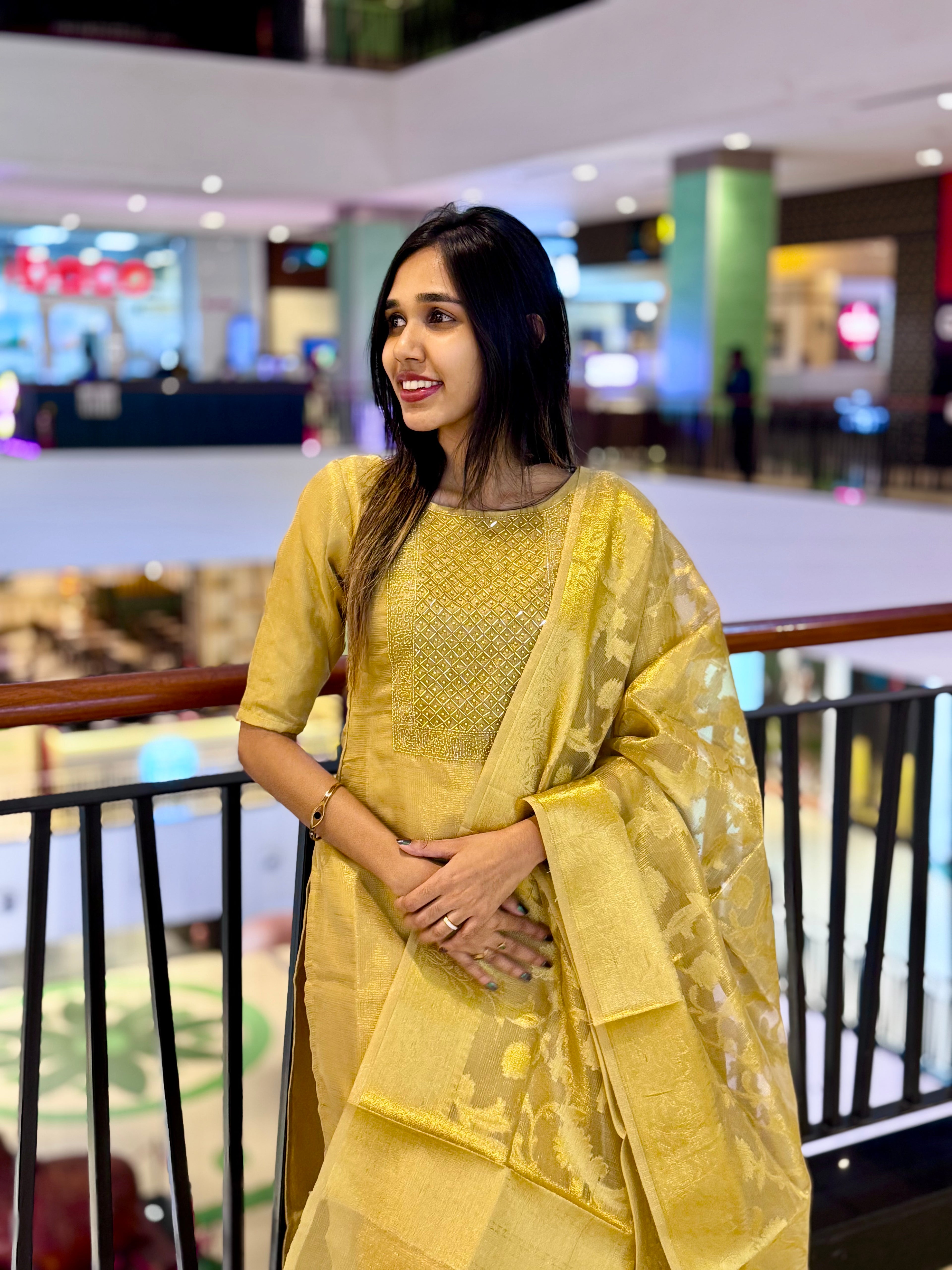 Golden tissue fully stitched salwar suit set