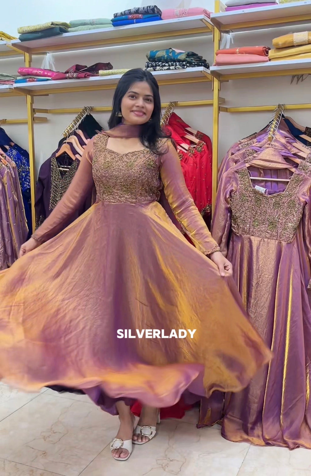 Rose gold space silk heavy Handworked Anarkali