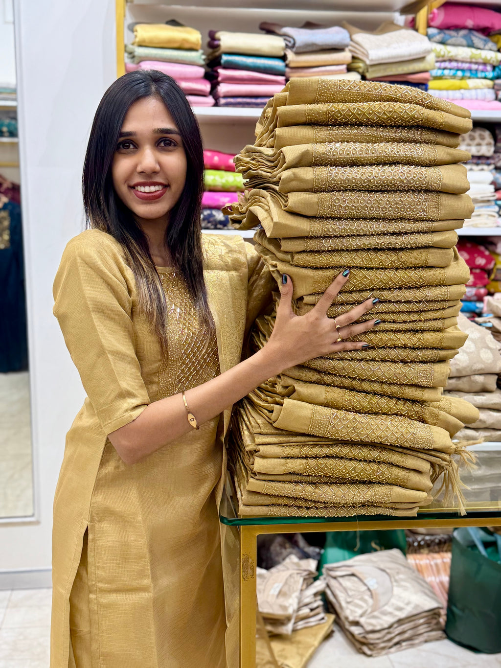 Golden tissue fully stitched salwar suit set