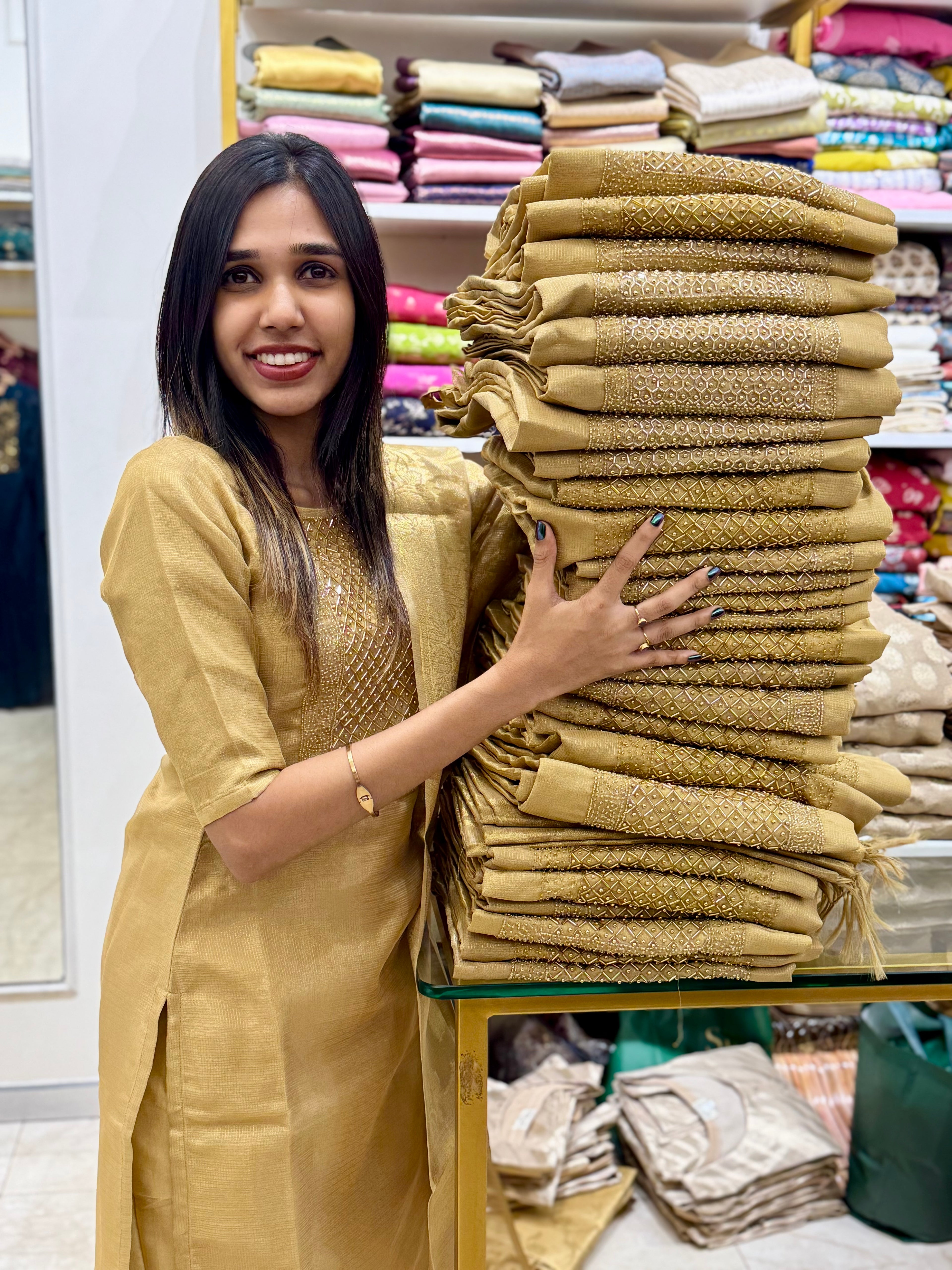 Golden tissue fully stitched salwar suit set