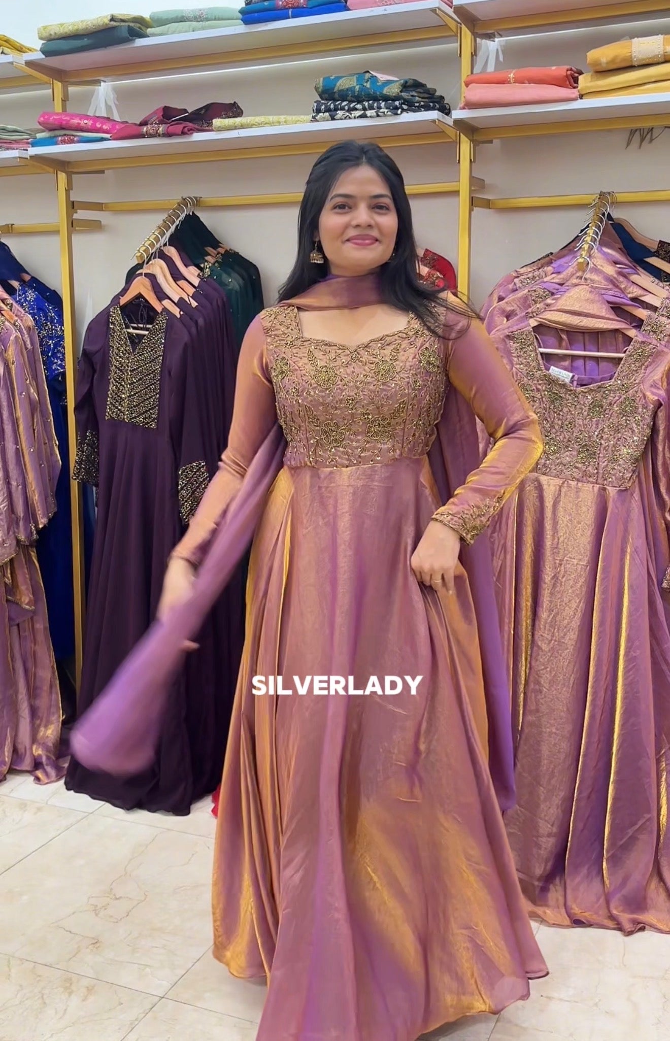 Rose gold space silk heavy Handworked Anarkali