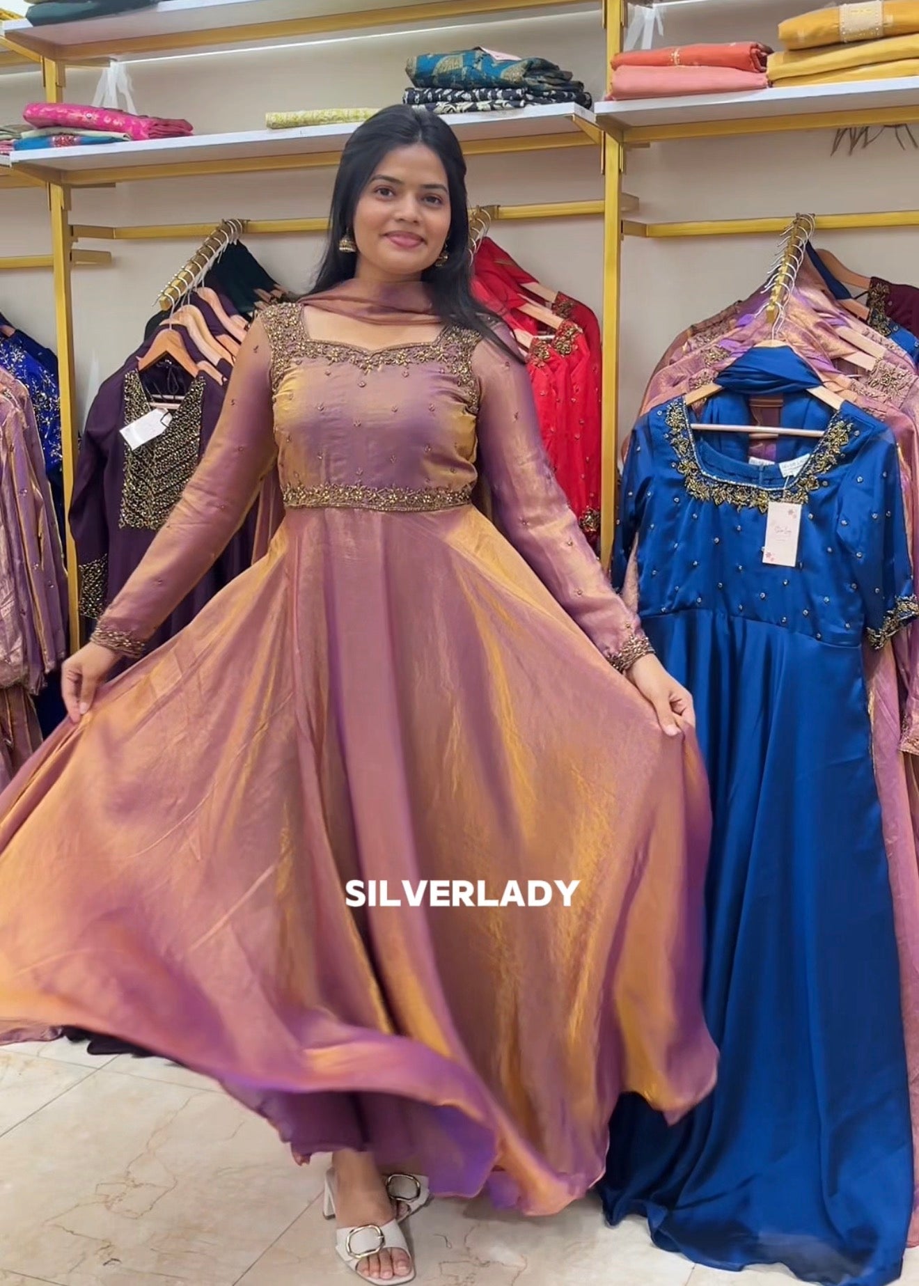 Rose gold space silk heavy Handworked Anarkali