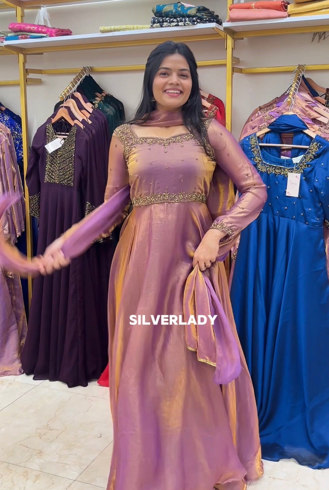 Rose gold space silk heavy Handworked Anarkali